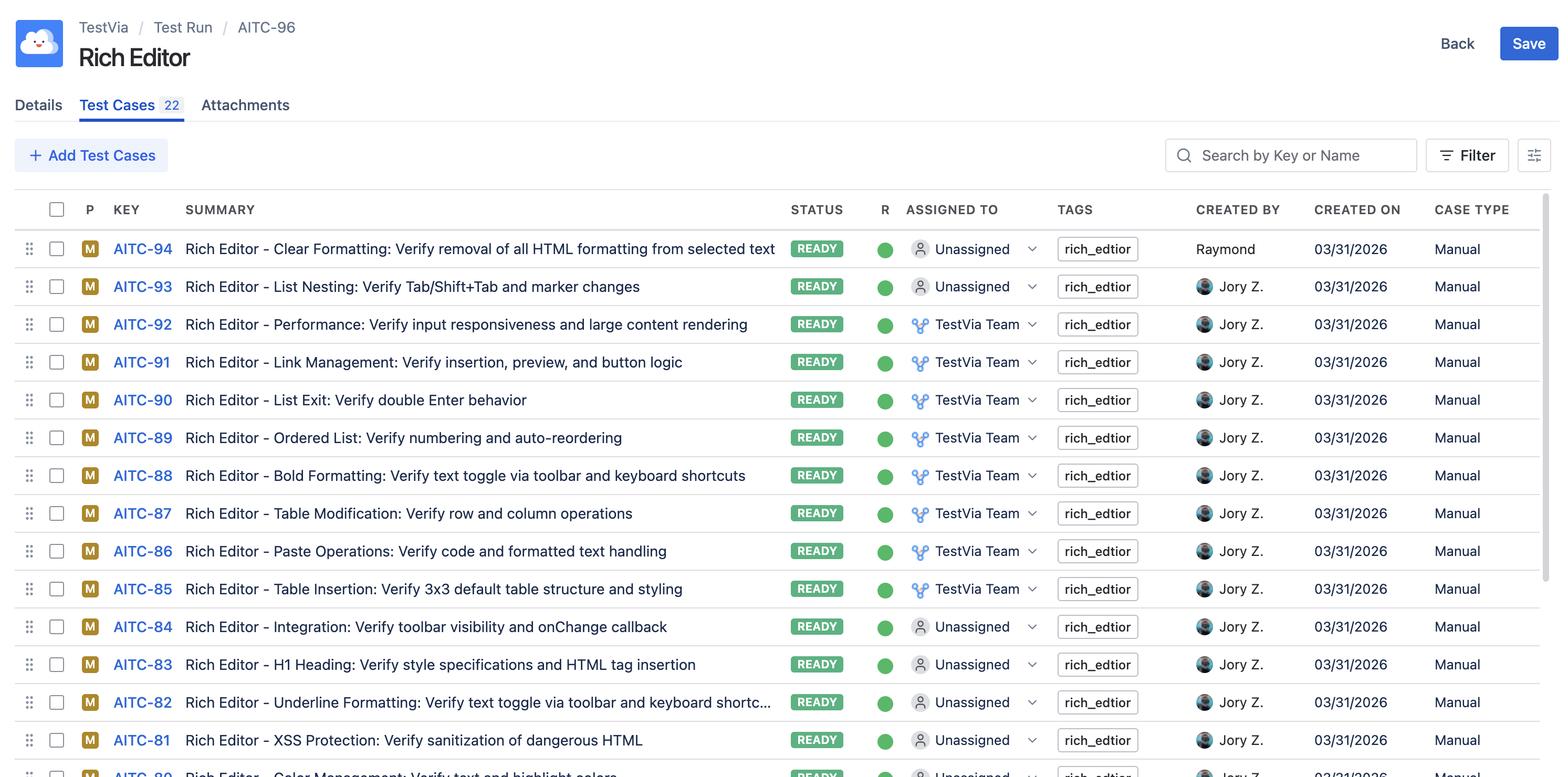 Test Run management screenshot